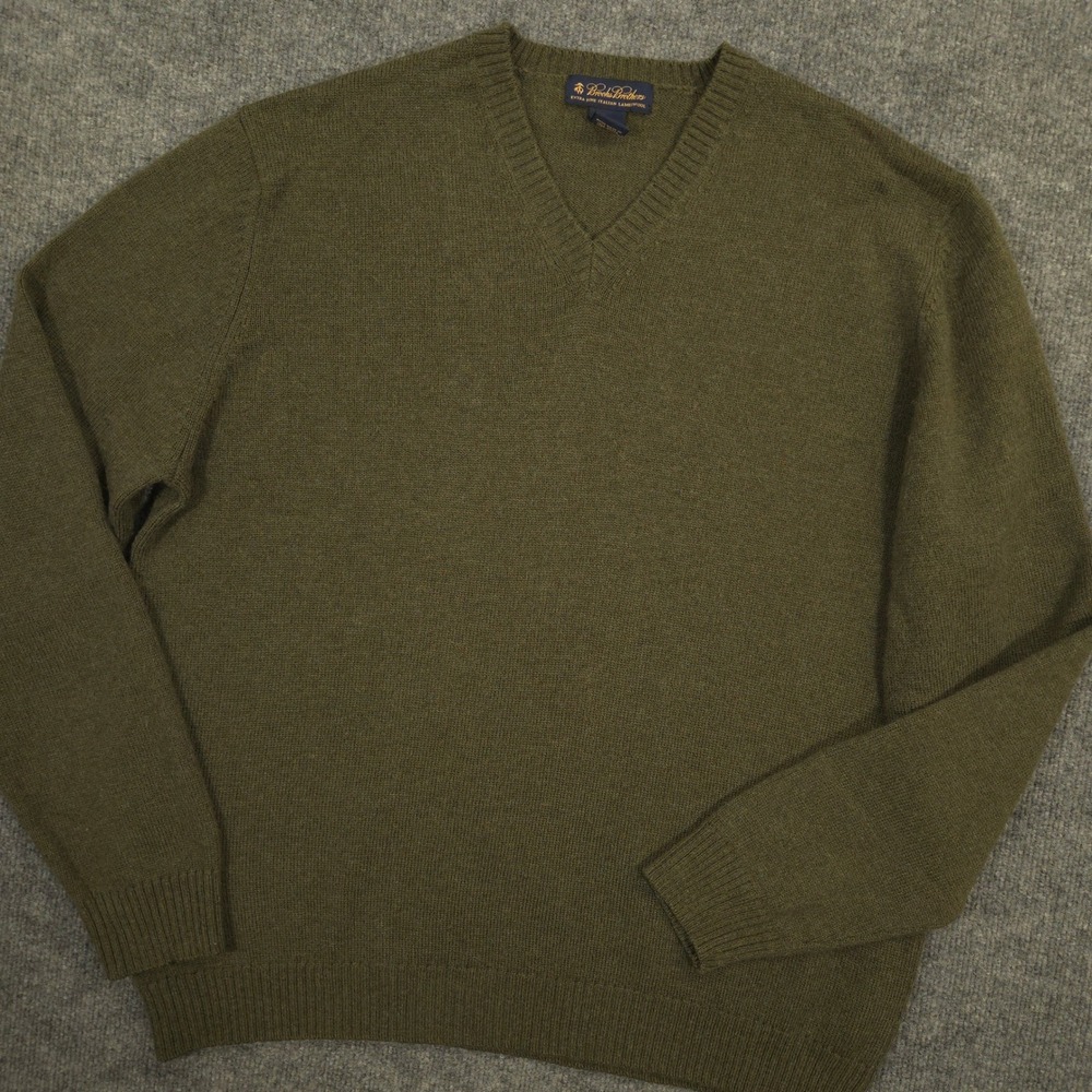 Brooks Brothers Sweater Mens XL Green‎ Extra Fine Italian Lambswool Knit V Neck